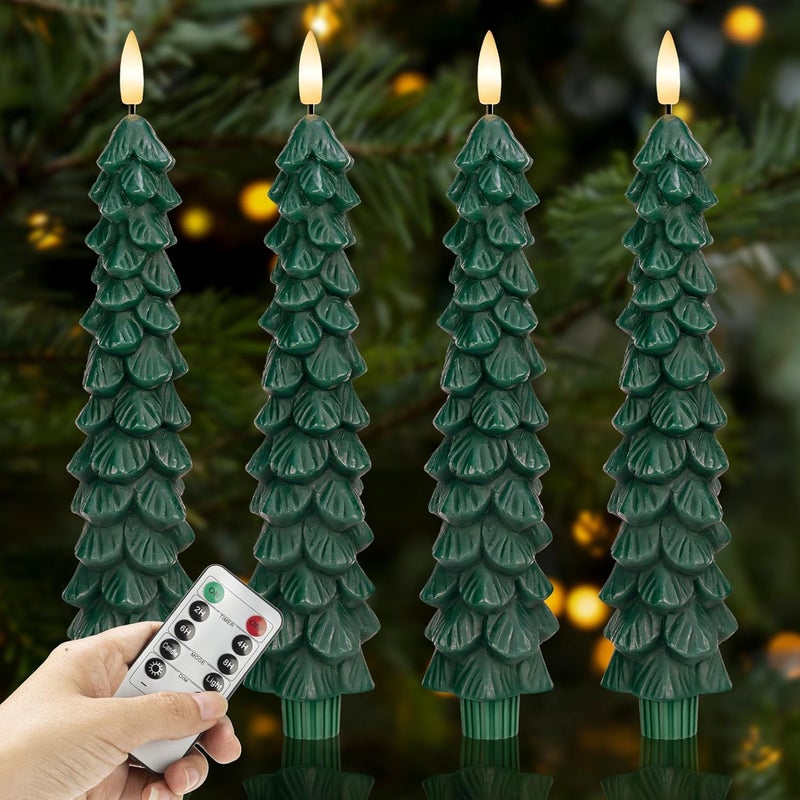 AFINETH Christmas Tree Candles with Remote, 4 Pack Green Flameless Taper Candles Battery Operated, Real Wax 9.6 Inch Flickering Led Christmas Tree Candlesticks Decorations for Winter Home Holiday Xmas Gift - Image 1